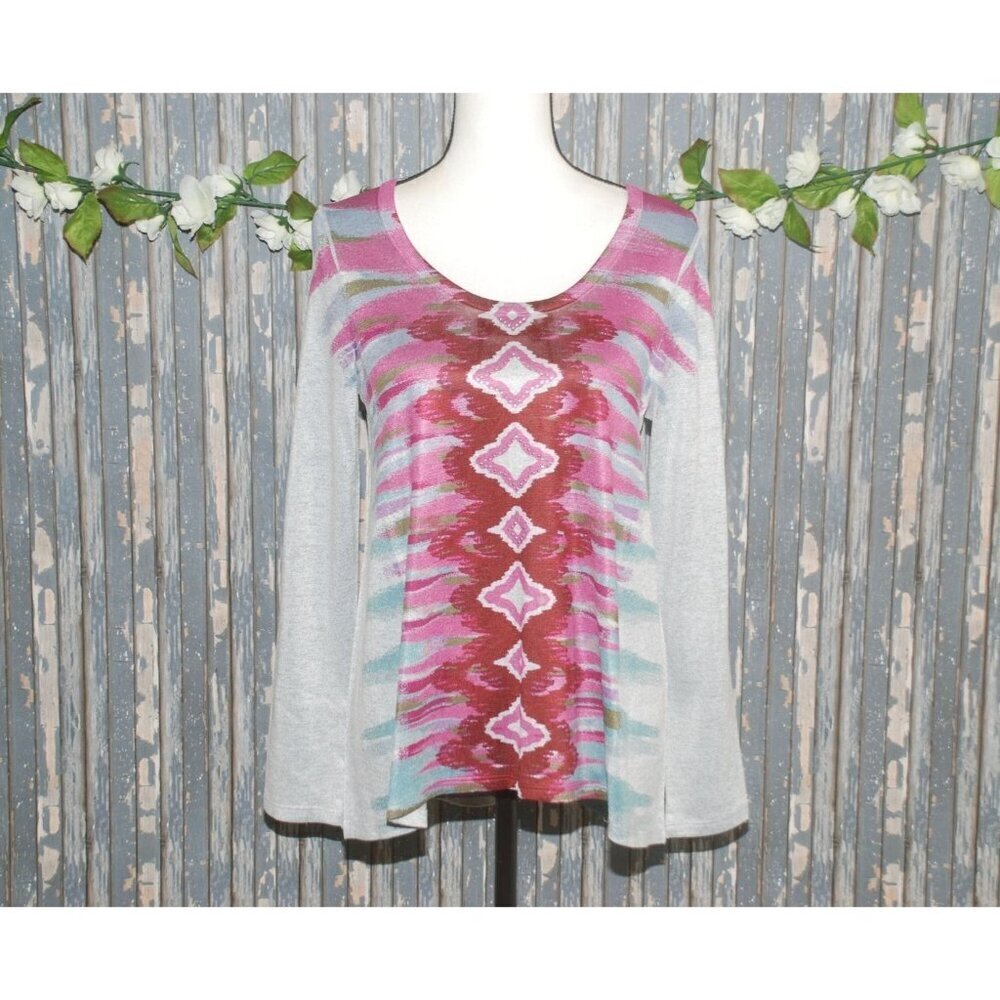 Latitude 10 Ladies Gray Pink & Red Knit Tunic Top Size S Studded Lattice Back Lo